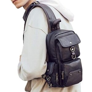 Men's Black Leather Sling Bag Crossbody Bag Chest Bag